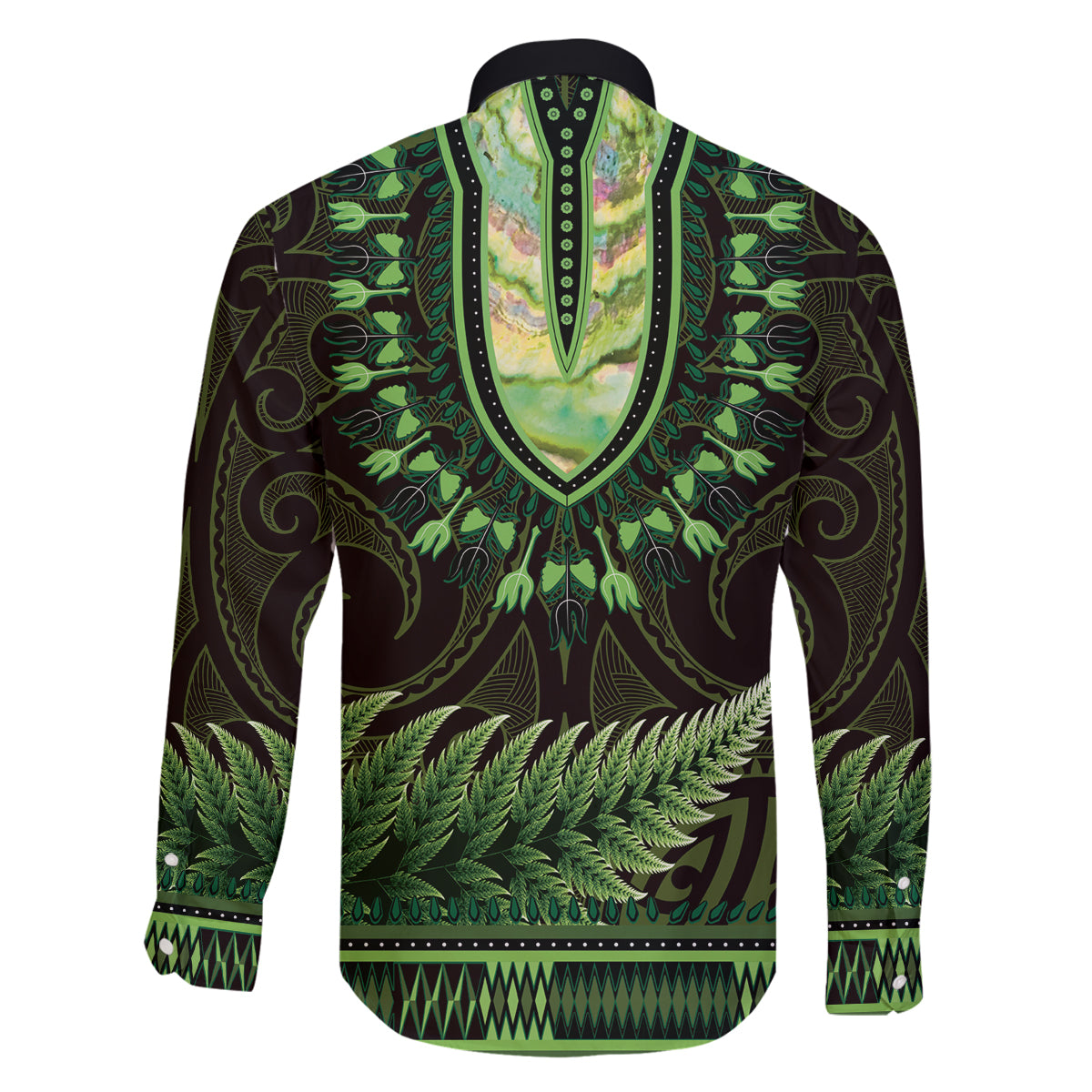 Lime Green African Dashiki With Aotearoa Maori Family Matching Off The Shoulder Long Sleeve Dress and Hawaiian Shirt Paua Shell Mix Silver Fern LT14 - Polynesian Pride