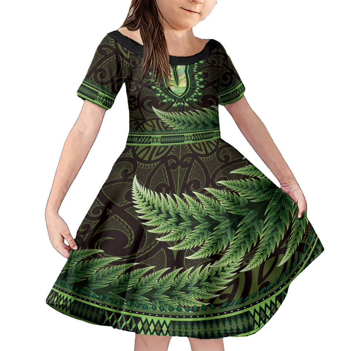 Lime Green African Dashiki With Aotearoa Maori Family Matching Off Shoulder Maxi Dress and Hawaiian Shirt Paua Shell Mix Silver Fern LT14 Daughter's Dress Lime Green - Polynesian Pride