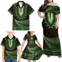 Lime Green African Dashiki With Aotearoa Maori Family Matching Off Shoulder Maxi Dress and Hawaiian Shirt Paua Shell Mix Silver Fern LT14 - Polynesian Pride