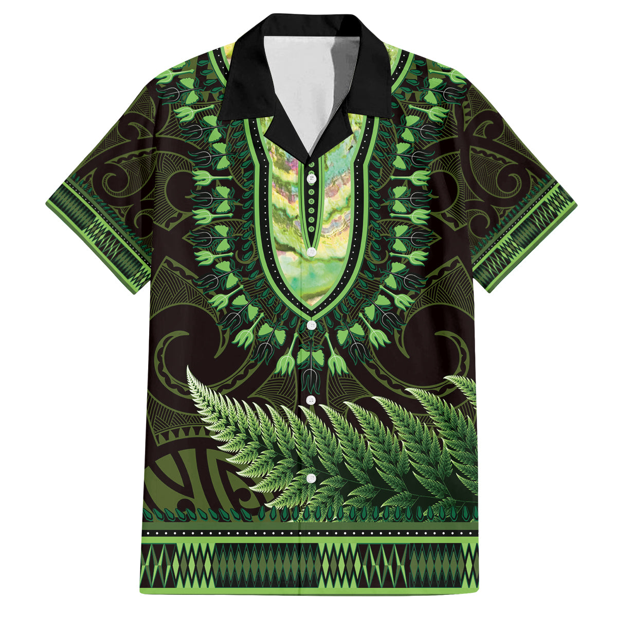 Lime Green African Dashiki With Aotearoa Maori Family Matching Off Shoulder Maxi Dress and Hawaiian Shirt Paua Shell Mix Silver Fern LT14 Dad's Shirt - Short Sleeve Lime Green - Polynesian Pride