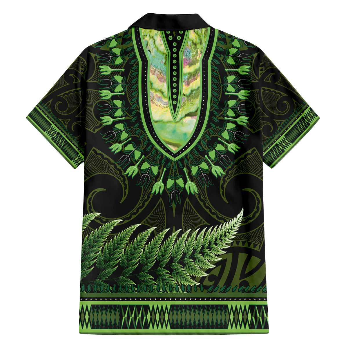 Lime Green African Dashiki With Aotearoa Maori Family Matching Off Shoulder Maxi Dress and Hawaiian Shirt Paua Shell Mix Silver Fern LT14 - Polynesian Pride