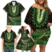 Lime Green African Dashiki With Aotearoa Maori Family Matching Off Shoulder Short Dress and Hawaiian Shirt Paua Shell Mix Silver Fern LT14 - Polynesian Pride