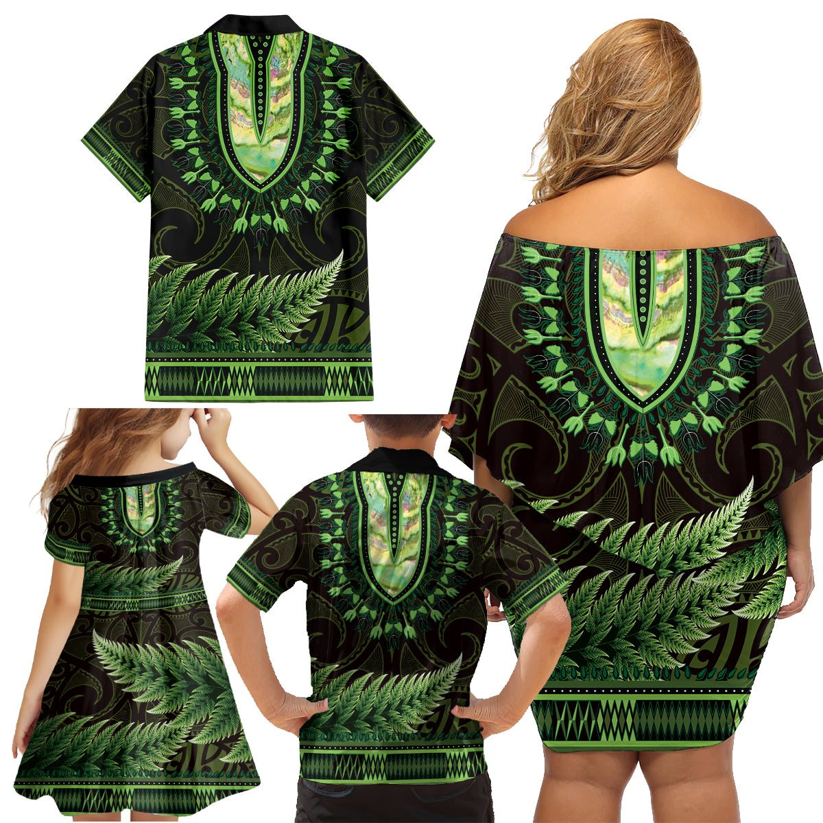 Lime Green African Dashiki With Aotearoa Maori Family Matching Off Shoulder Short Dress and Hawaiian Shirt Paua Shell Mix Silver Fern LT14 - Polynesian Pride