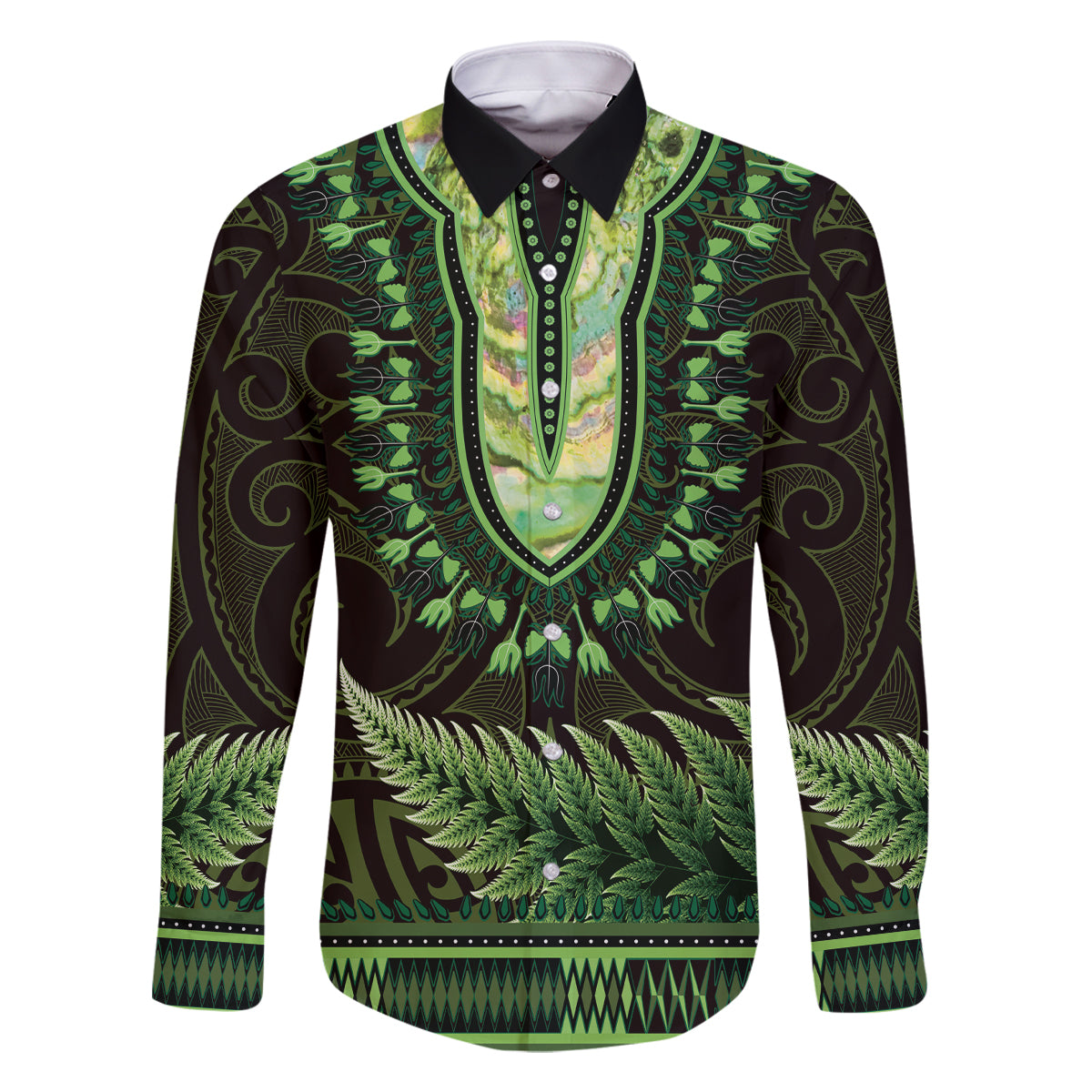 Lime Green African Dashiki With Aotearoa Maori Family Matching Off Shoulder Short Dress and Hawaiian Shirt Paua Shell Mix Silver Fern LT14 Dad's Shirt - Long Sleeve Lime Green - Polynesian Pride