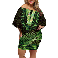 Lime Green African Dashiki With Aotearoa Maori Family Matching Off Shoulder Short Dress and Hawaiian Shirt Paua Shell Mix Silver Fern LT14 Mom's Dress Lime Green - Polynesian Pride