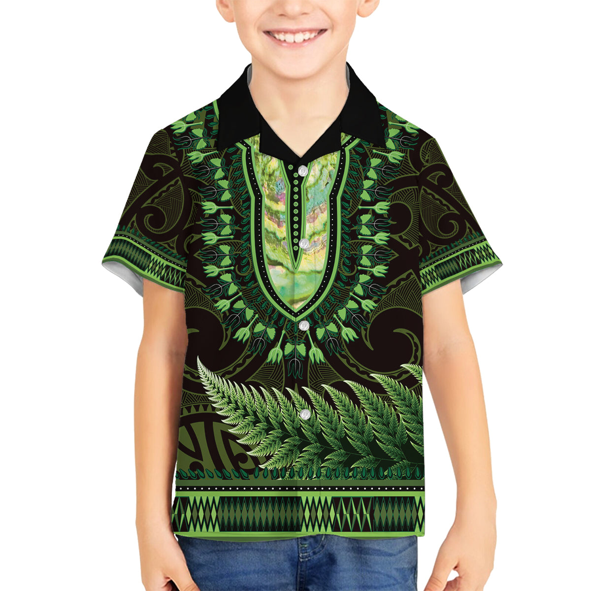 Lime Green African Dashiki With Aotearoa Maori Family Matching Off Shoulder Short Dress and Hawaiian Shirt Paua Shell Mix Silver Fern LT14 Son's Shirt Lime Green - Polynesian Pride