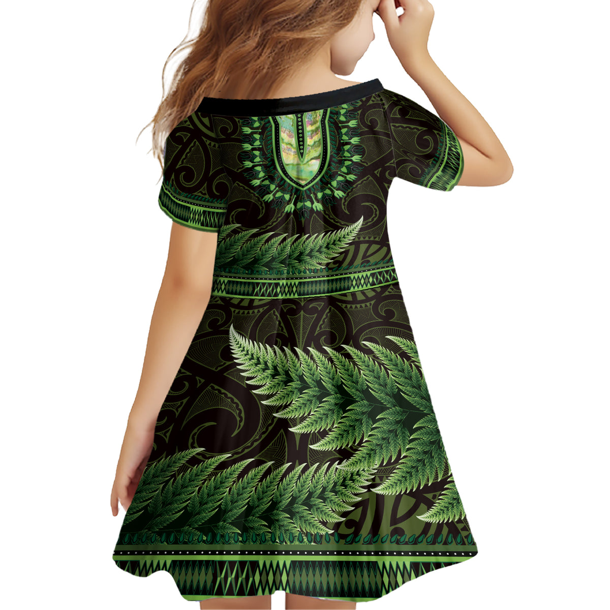 Lime Green African Dashiki With Aotearoa Maori Family Matching Short Sleeve Bodycon Dress and Hawaiian Shirt Paua Shell Mix Silver Fern LT14 - Polynesian Pride