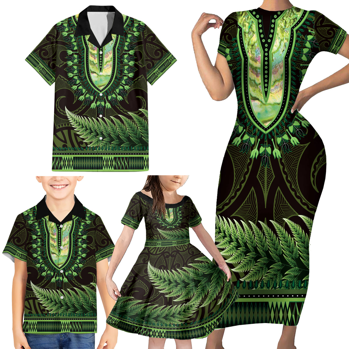 Lime Green African Dashiki With Aotearoa Maori Family Matching Short Sleeve Bodycon Dress and Hawaiian Shirt Paua Shell Mix Silver Fern LT14 - Polynesian Pride
