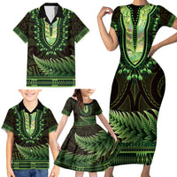 Lime Green African Dashiki With Aotearoa Maori Family Matching Short Sleeve Bodycon Dress and Hawaiian Shirt Paua Shell Mix Silver Fern LT14 - Polynesian Pride