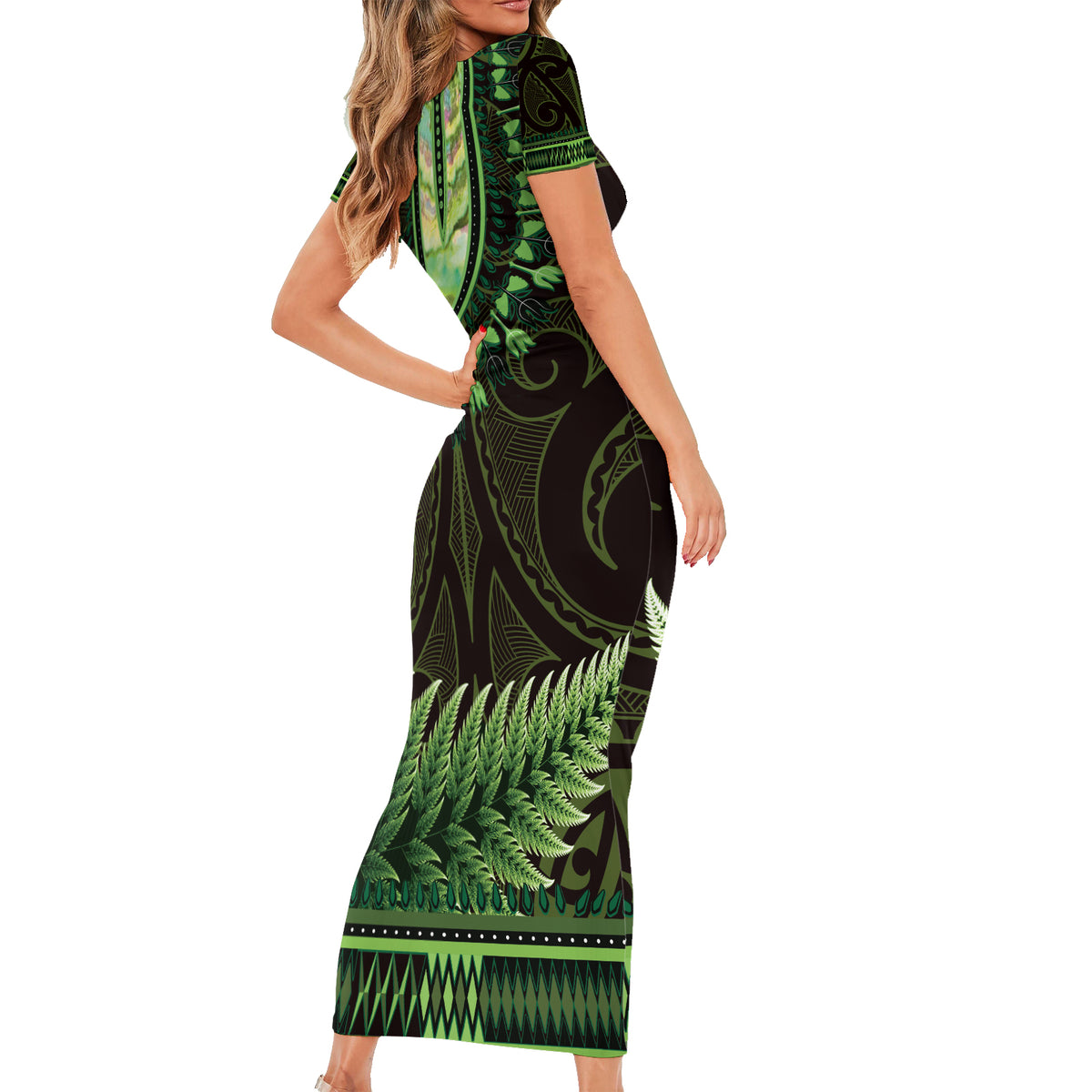 Lime Green African Dashiki With Aotearoa Maori Family Matching Short Sleeve Bodycon Dress and Hawaiian Shirt Paua Shell Mix Silver Fern LT14 - Polynesian Pride