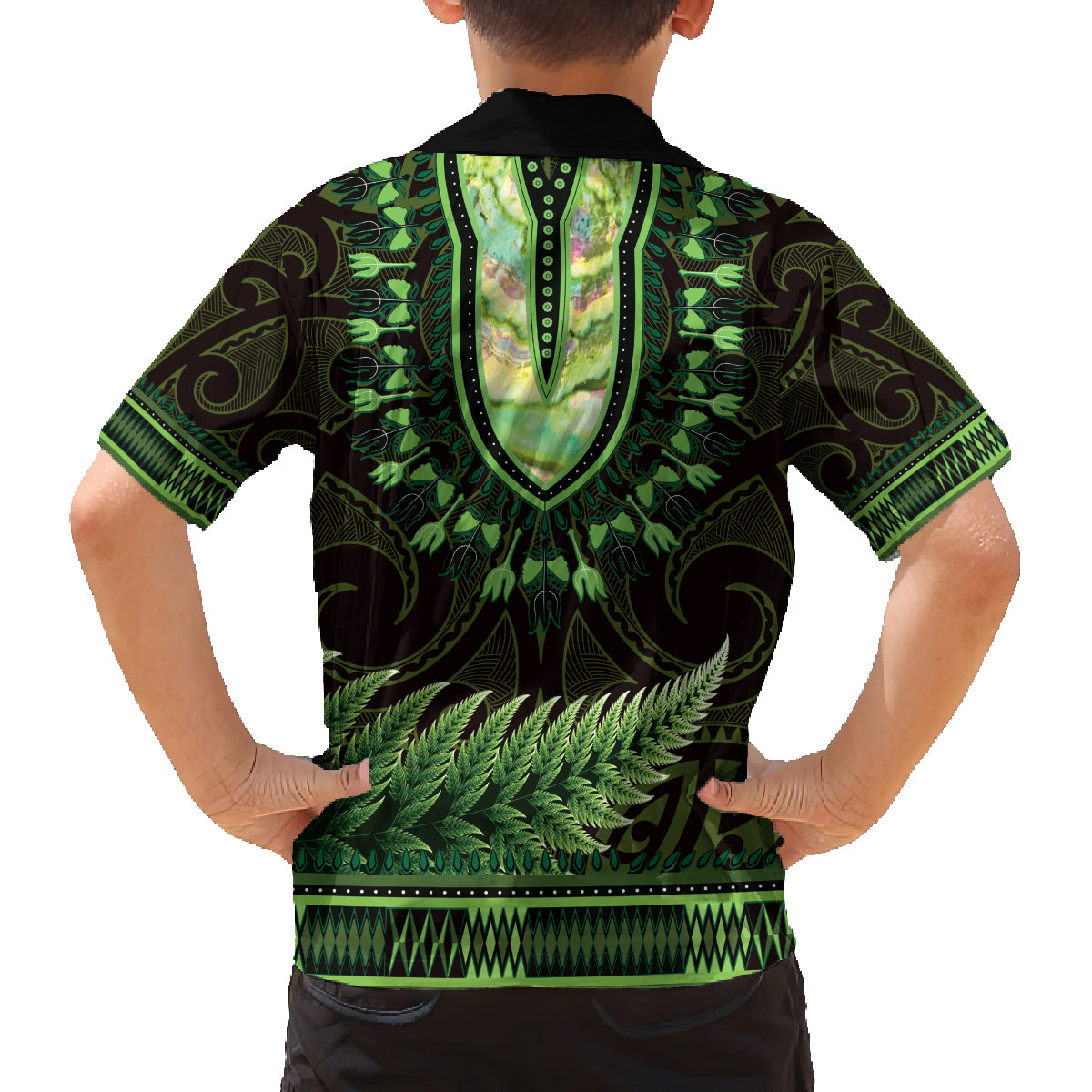 Lime Green African Dashiki With Aotearoa Maori Family Matching Summer Maxi Dress and Hawaiian Shirt Paua Shell Mix Silver Fern LT14 - Polynesian Pride