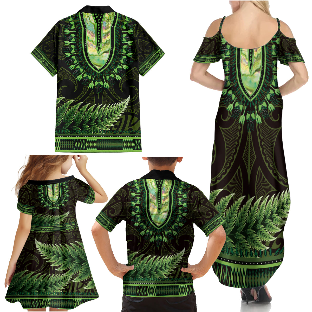 Lime Green African Dashiki With Aotearoa Maori Family Matching Summer Maxi Dress and Hawaiian Shirt Paua Shell Mix Silver Fern LT14 - Polynesian Pride