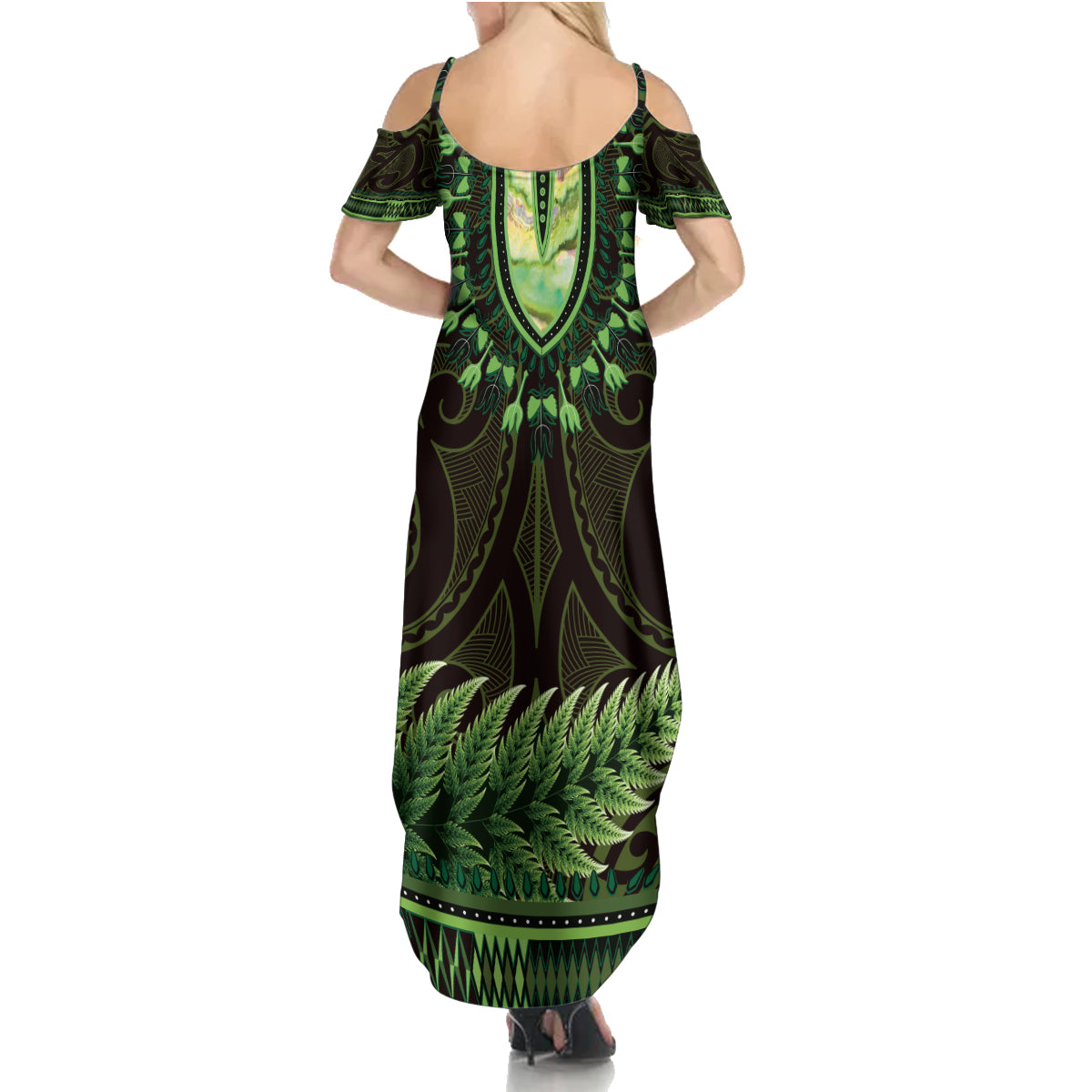 Lime Green African Dashiki With Aotearoa Maori Family Matching Summer Maxi Dress and Hawaiian Shirt Paua Shell Mix Silver Fern LT14 - Polynesian Pride