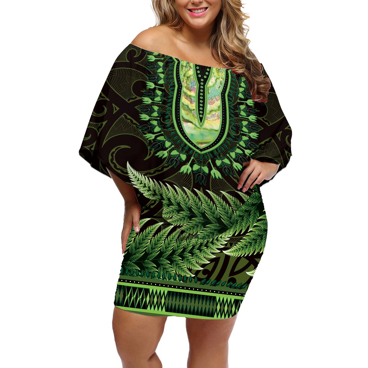 Lime Green African Dashiki With Aotearoa Maori Off Shoulder Short Dress Paua Shell Mix Silver Fern