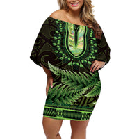 Lime Green African Dashiki With Aotearoa Maori Off Shoulder Short Dress Paua Shell Mix Silver Fern