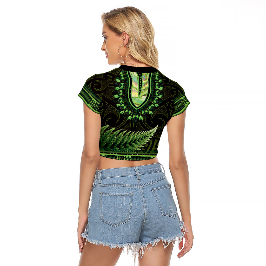 Lime Green African Dashiki With Aotearoa Maori Raglan Cropped T Shirt Paua Shell Mix Silver Fern