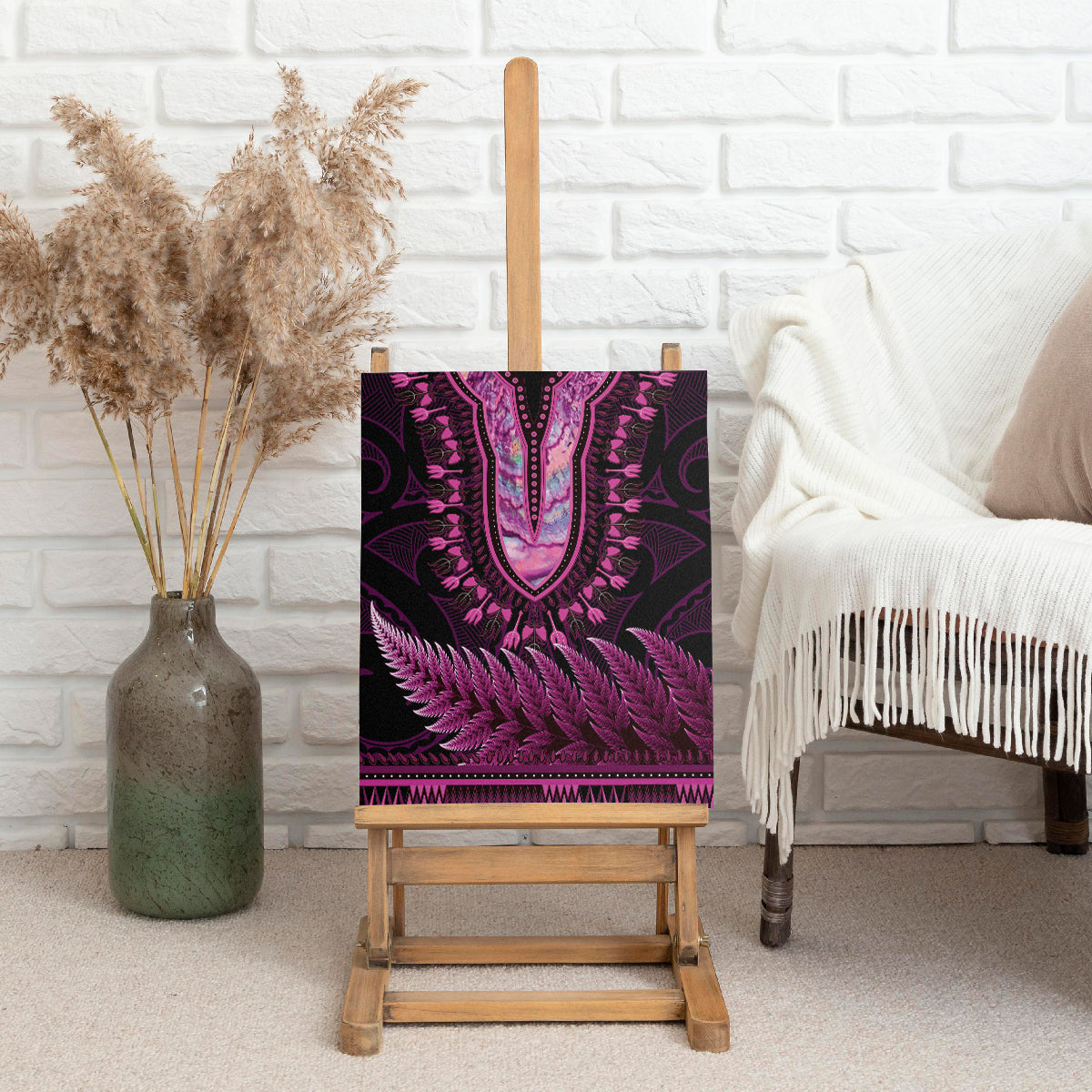 Pink African Dashiki With Aotearoa Maori Canvas Wall Art Paua Shell Mix Silver Fern