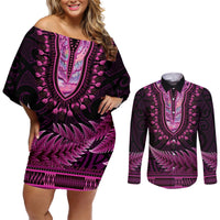 Pink African Dashiki With Aotearoa Maori Couples Matching Off Shoulder Short Dress and Long Sleeve Button Shirt Paua Shell Mix Silver Fern