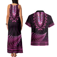 Pink African Dashiki With Aotearoa Maori Couples Matching Tank Maxi Dress and Hawaiian Shirt Paua Shell Mix Silver Fern