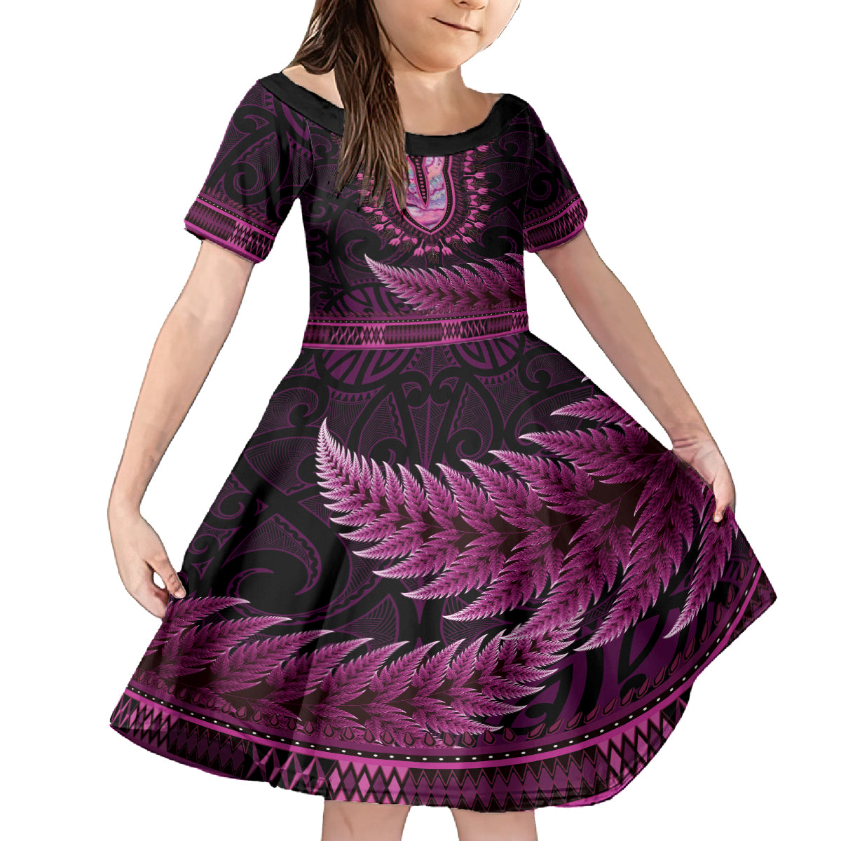 Pink African Dashiki With Aotearoa Maori Family Matching Long Sleeve Bodycon Dress and Hawaiian Shirt Paua Shell Mix Silver Fern LT14 Daughter's Dress Pink - Polynesian Pride
