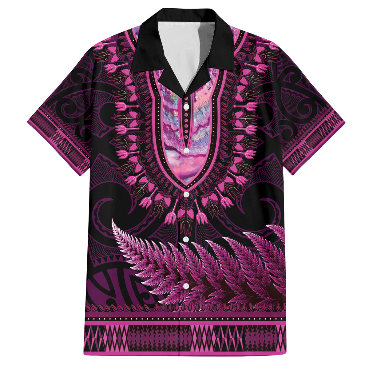 Pink African Dashiki With Aotearoa Maori Family Matching Long Sleeve Bodycon Dress and Hawaiian Shirt Paua Shell Mix Silver Fern LT14 Dad's Shirt - Short Sleeve Pink - Polynesian Pride