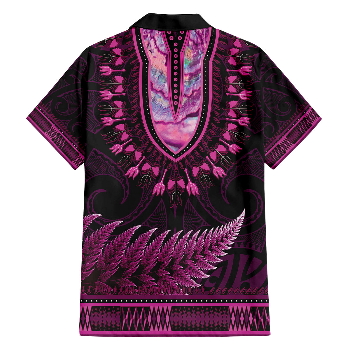 Pink African Dashiki With Aotearoa Maori Family Matching Long Sleeve Bodycon Dress and Hawaiian Shirt Paua Shell Mix Silver Fern LT14 - Polynesian Pride
