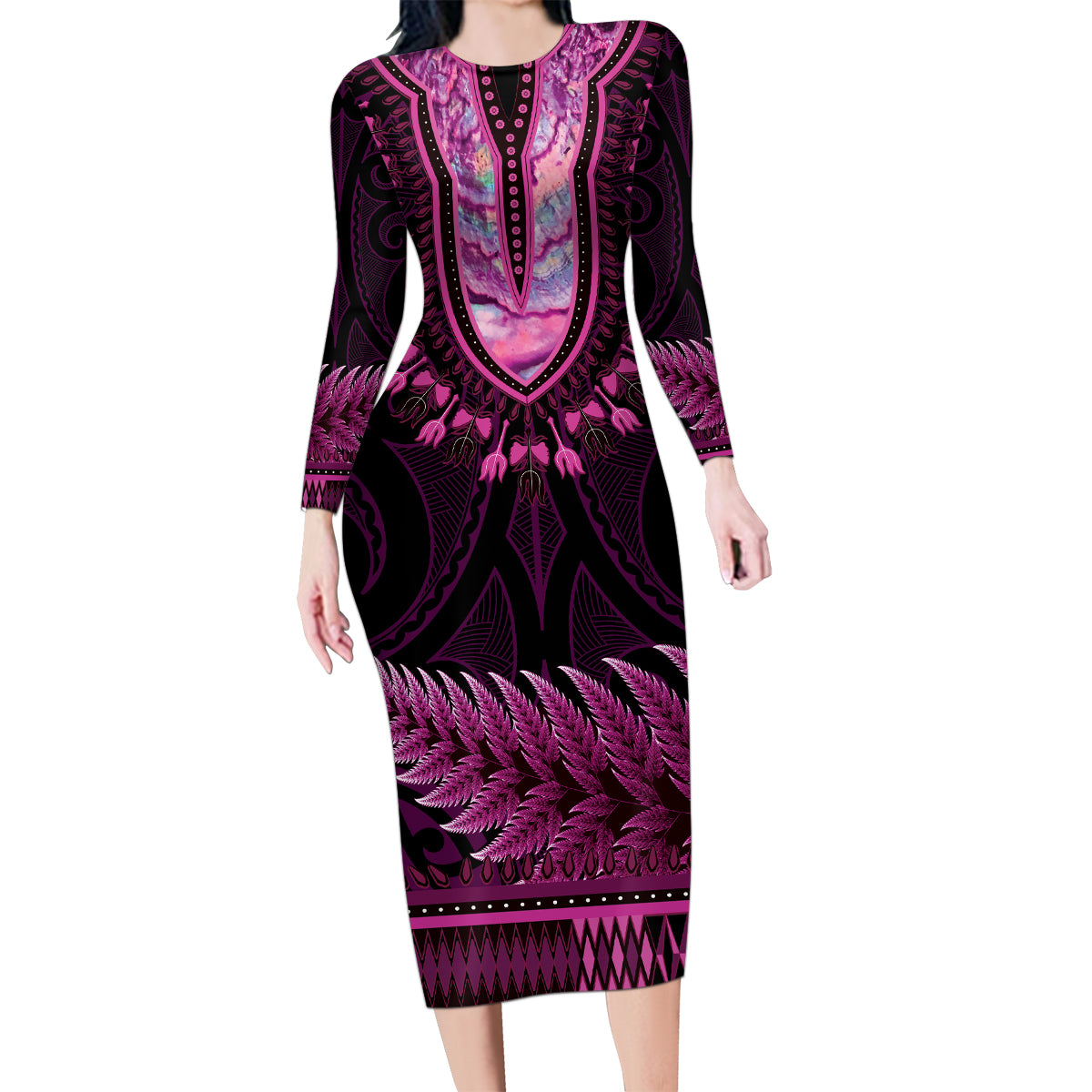 Pink African Dashiki With Aotearoa Maori Family Matching Long Sleeve Bodycon Dress and Hawaiian Shirt Paua Shell Mix Silver Fern LT14 Mom's Dress Pink - Polynesian Pride