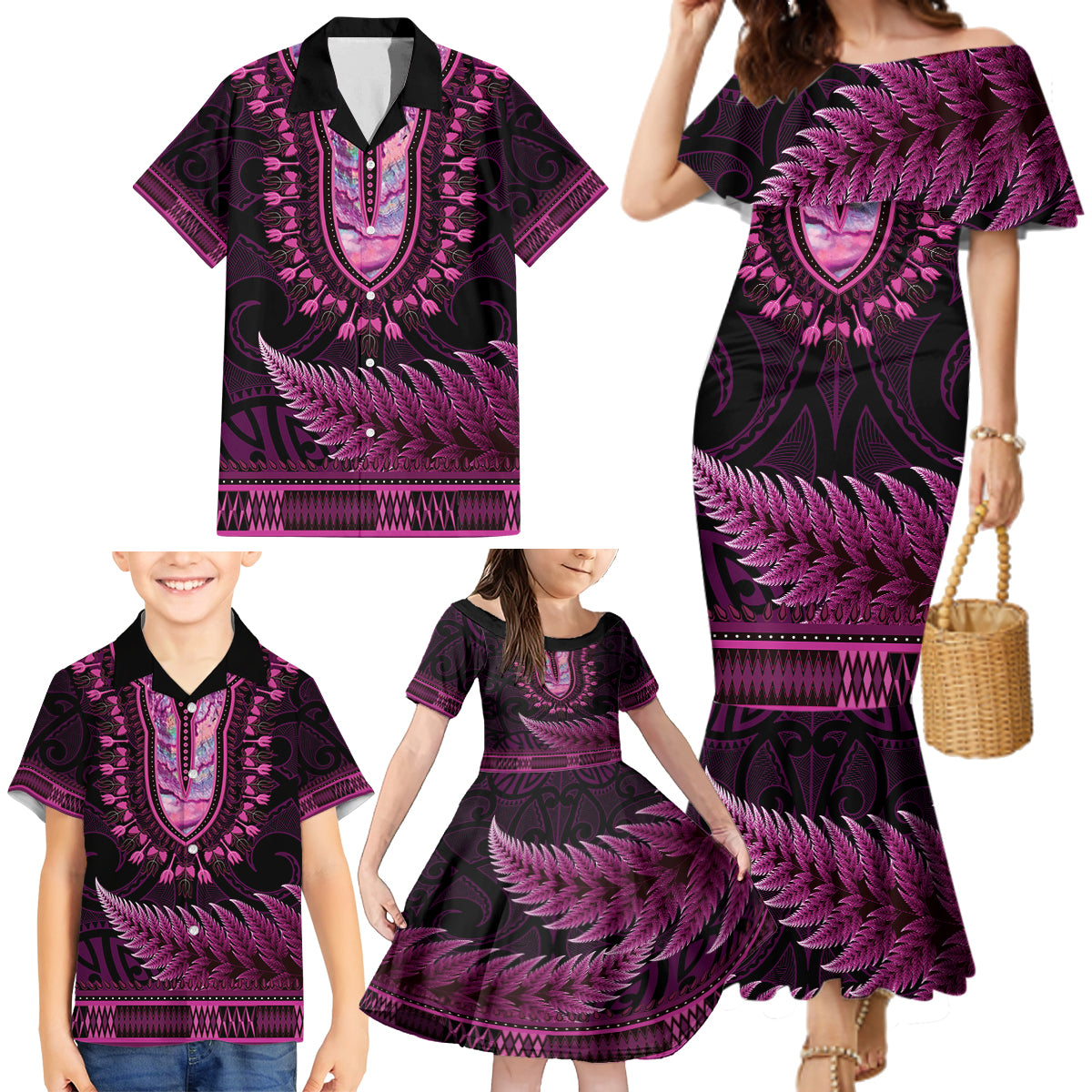 Pink African Dashiki With Aotearoa Maori Family Matching Mermaid Dress and Hawaiian Shirt Paua Shell Mix Silver Fern LT14 - Polynesian Pride