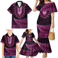 Pink African Dashiki With Aotearoa Maori Family Matching Mermaid Dress and Hawaiian Shirt Paua Shell Mix Silver Fern LT14 - Polynesian Pride