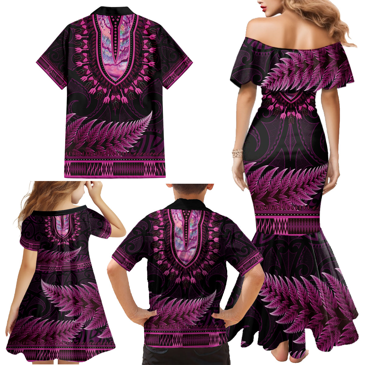 Pink African Dashiki With Aotearoa Maori Family Matching Mermaid Dress and Hawaiian Shirt Paua Shell Mix Silver Fern LT14 - Polynesian Pride