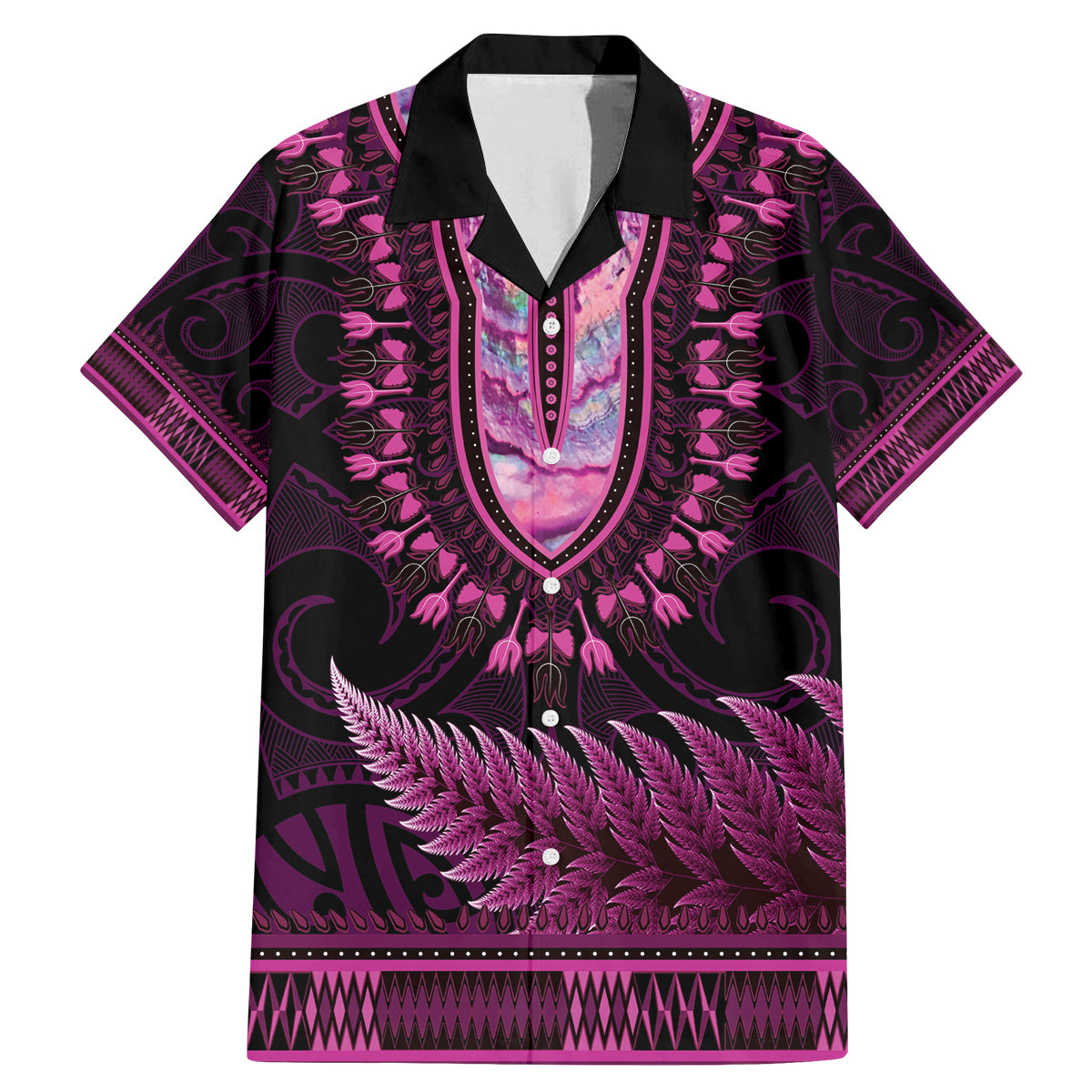 Pink African Dashiki With Aotearoa Maori Family Matching Mermaid Dress and Hawaiian Shirt Paua Shell Mix Silver Fern LT14 Dad's Shirt - Short Sleeve Pink - Polynesian Pride