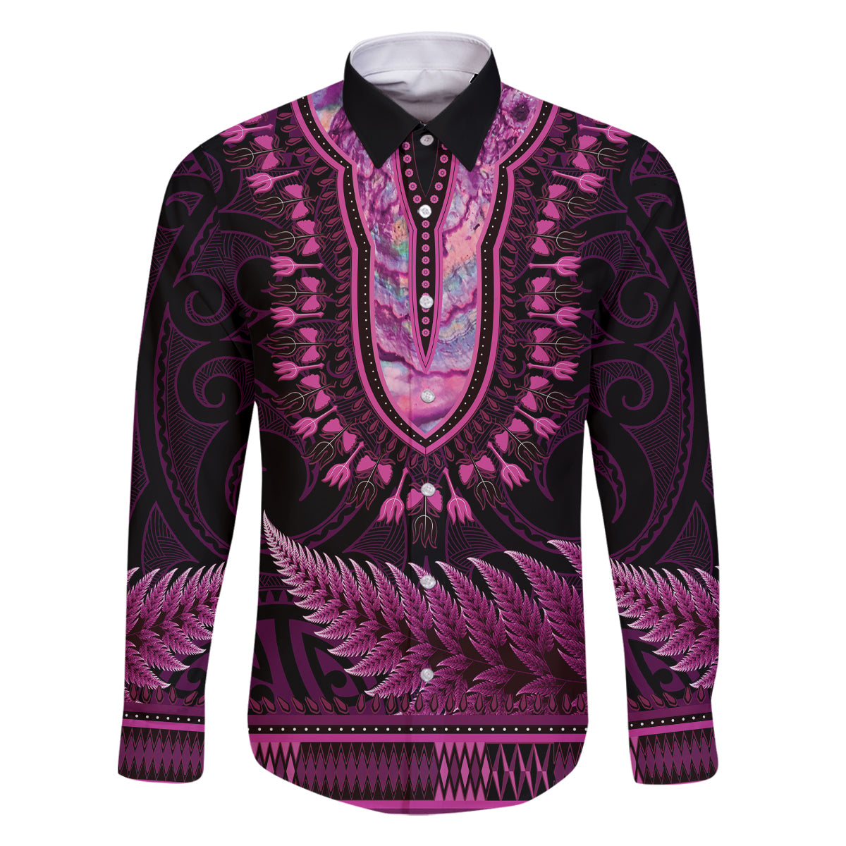 Pink African Dashiki With Aotearoa Maori Family Matching Mermaid Dress and Hawaiian Shirt Paua Shell Mix Silver Fern LT14 Dad's Shirt - Long Sleeve Pink - Polynesian Pride
