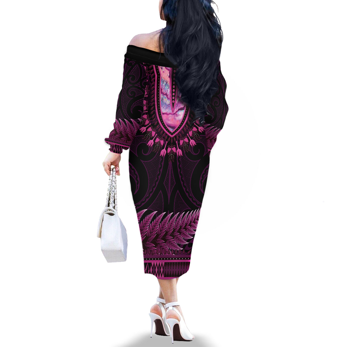 Pink African Dashiki With Aotearoa Maori Family Matching Off The Shoulder Long Sleeve Dress and Hawaiian Shirt Paua Shell Mix Silver Fern LT14 - Polynesian Pride