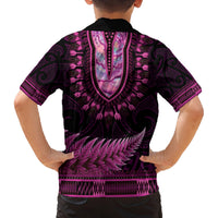 Pink African Dashiki With Aotearoa Maori Family Matching Off Shoulder Maxi Dress and Hawaiian Shirt Paua Shell Mix Silver Fern LT14 - Polynesian Pride