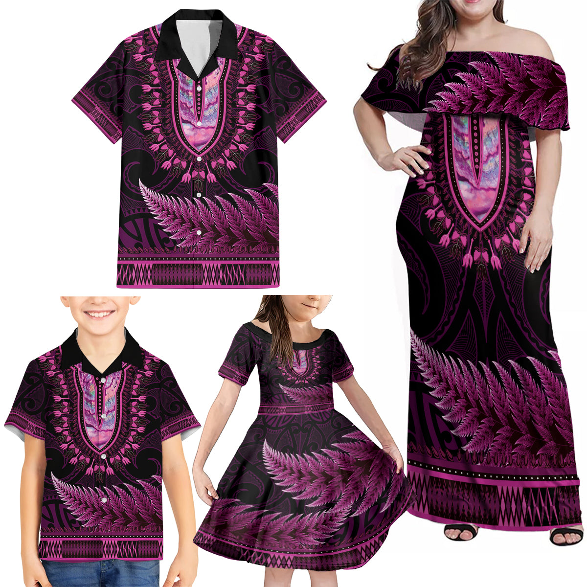 Pink African Dashiki With Aotearoa Maori Family Matching Off Shoulder Maxi Dress and Hawaiian Shirt Paua Shell Mix Silver Fern LT14 - Polynesian Pride