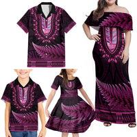 Pink African Dashiki With Aotearoa Maori Family Matching Off Shoulder Maxi Dress and Hawaiian Shirt Paua Shell Mix Silver Fern LT14 - Polynesian Pride