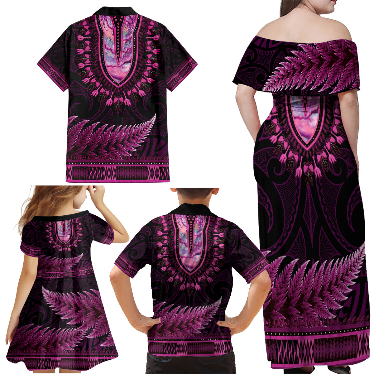 Pink African Dashiki With Aotearoa Maori Family Matching Off Shoulder Maxi Dress and Hawaiian Shirt Paua Shell Mix Silver Fern LT14 - Polynesian Pride