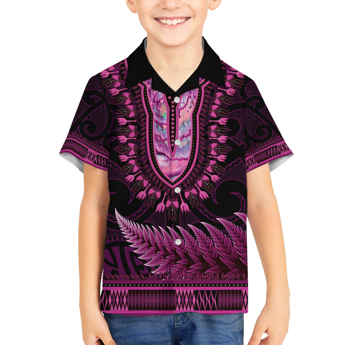 Pink African Dashiki With Aotearoa Maori Family Matching Off Shoulder Maxi Dress and Hawaiian Shirt Paua Shell Mix Silver Fern LT14 Son's Shirt Pink - Polynesian Pride