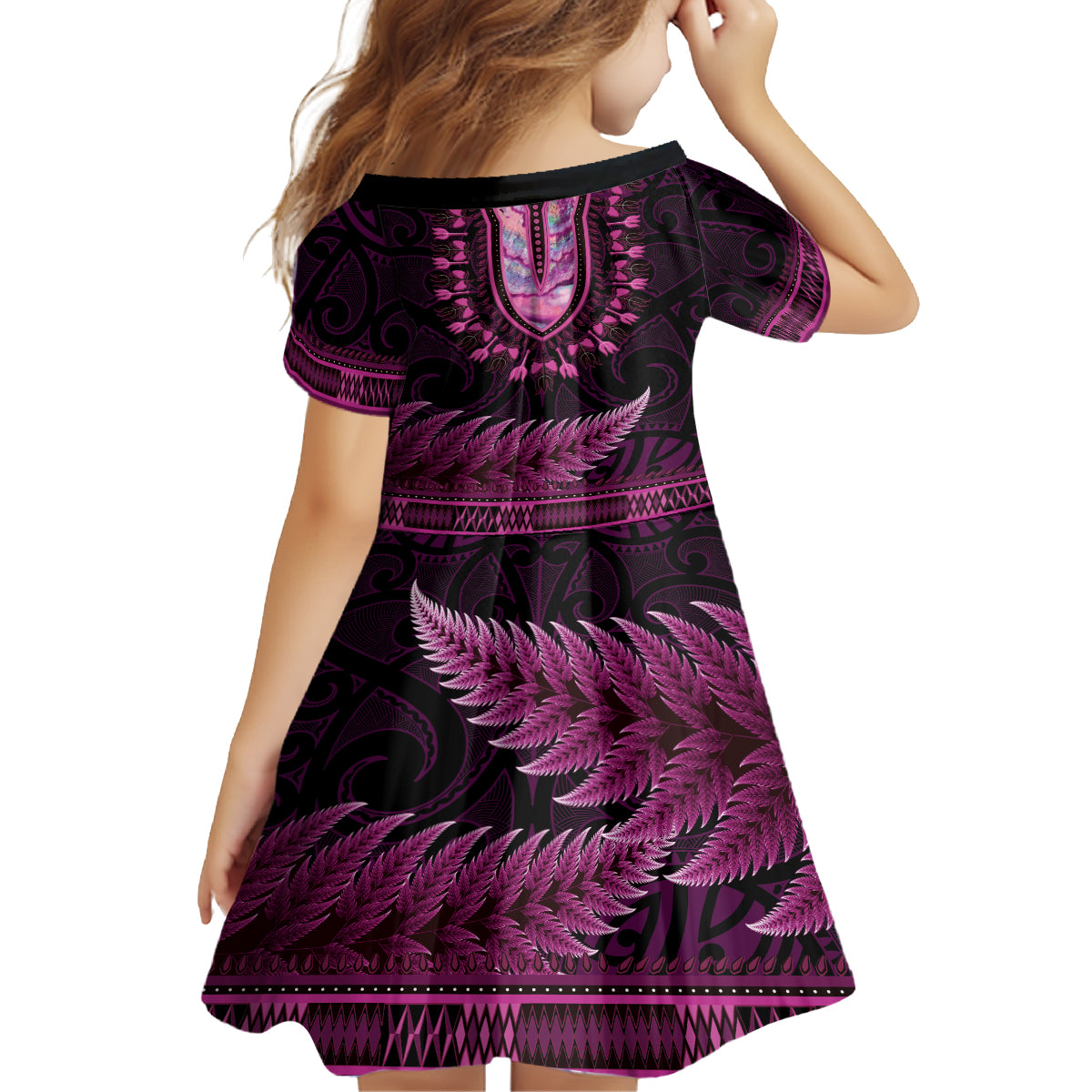Pink African Dashiki With Aotearoa Maori Family Matching Off Shoulder Short Dress and Hawaiian Shirt Paua Shell Mix Silver Fern LT14 - Polynesian Pride
