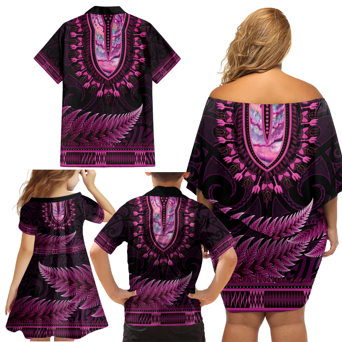 Pink African Dashiki With Aotearoa Maori Family Matching Off Shoulder Short Dress and Hawaiian Shirt Paua Shell Mix Silver Fern LT14 - Polynesian Pride