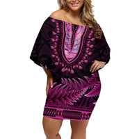 Pink African Dashiki With Aotearoa Maori Family Matching Off Shoulder Short Dress and Hawaiian Shirt Paua Shell Mix Silver Fern LT14 Mom's Dress Pink - Polynesian Pride