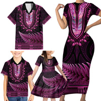 Pink African Dashiki With Aotearoa Maori Family Matching Short Sleeve Bodycon Dress and Hawaiian Shirt Paua Shell Mix Silver Fern LT14 - Polynesian Pride
