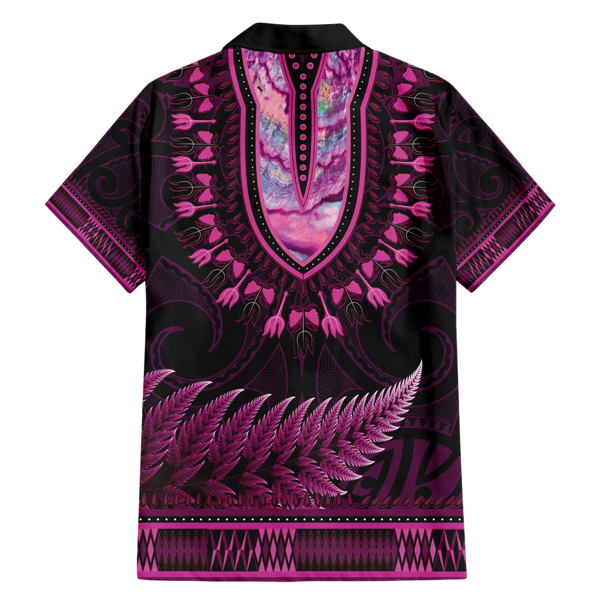 Pink African Dashiki With Aotearoa Maori Family Matching Short Sleeve Bodycon Dress and Hawaiian Shirt Paua Shell Mix Silver Fern LT14 - Polynesian Pride