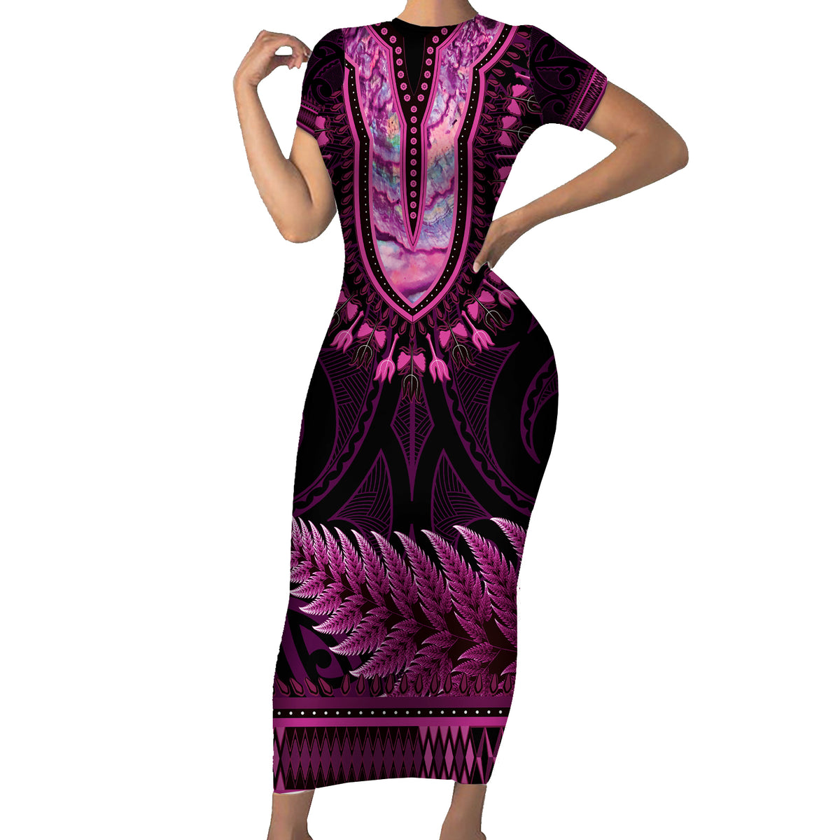 Pink African Dashiki With Aotearoa Maori Family Matching Short Sleeve Bodycon Dress and Hawaiian Shirt Paua Shell Mix Silver Fern LT14 Mom's Dress Pink - Polynesian Pride