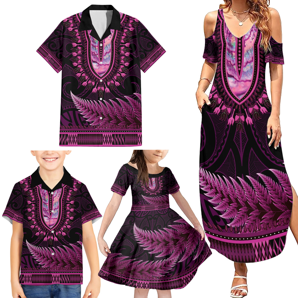 Pink African Dashiki With Aotearoa Maori Family Matching Summer Maxi Dress and Hawaiian Shirt Paua Shell Mix Silver Fern LT14 - Polynesian Pride