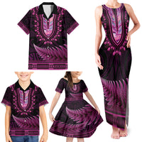 Pink African Dashiki With Aotearoa Maori Family Matching Tank Maxi Dress and Hawaiian Shirt Paua Shell Mix Silver Fern LT14 - Polynesian Pride