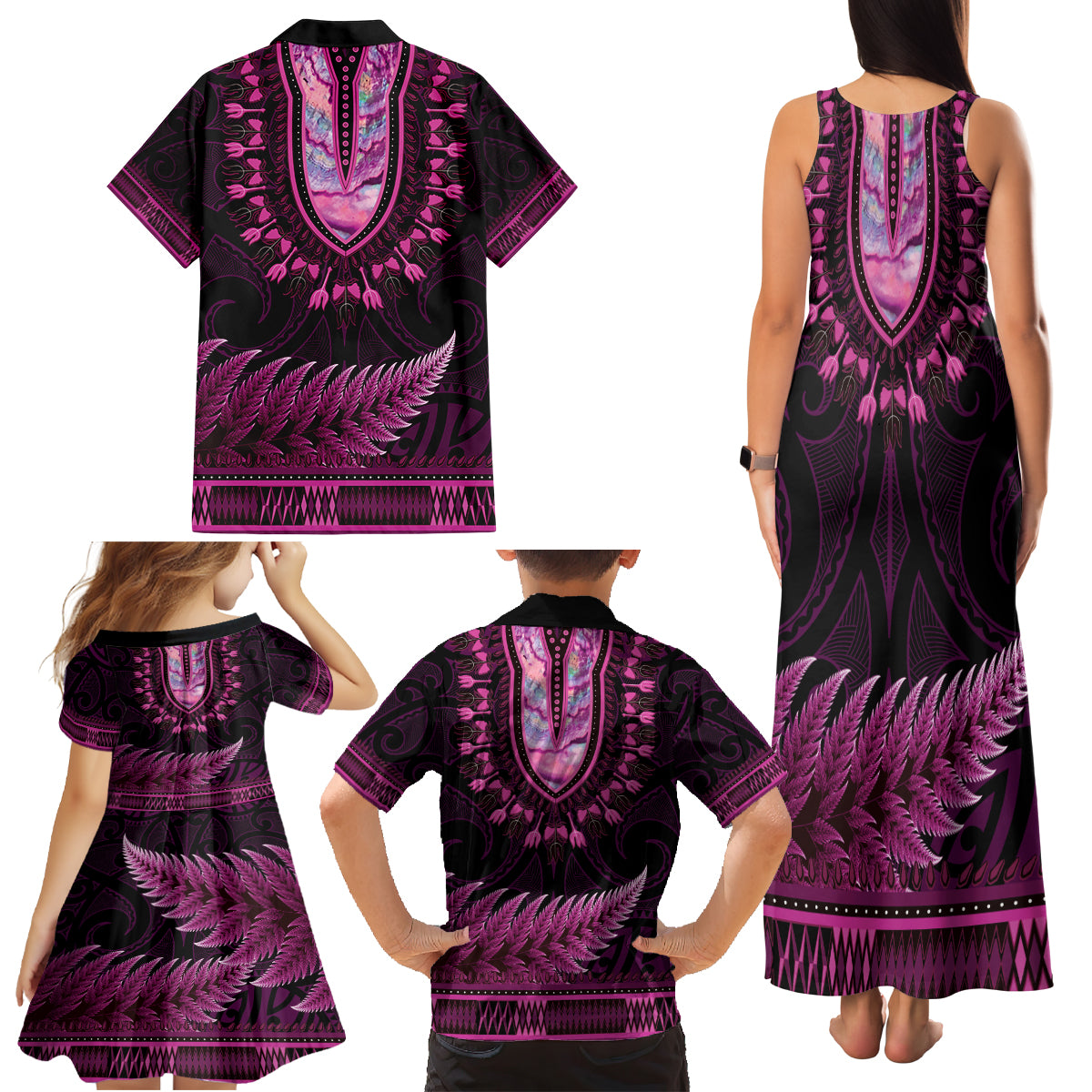 Pink African Dashiki With Aotearoa Maori Family Matching Tank Maxi Dress and Hawaiian Shirt Paua Shell Mix Silver Fern LT14 - Polynesian Pride