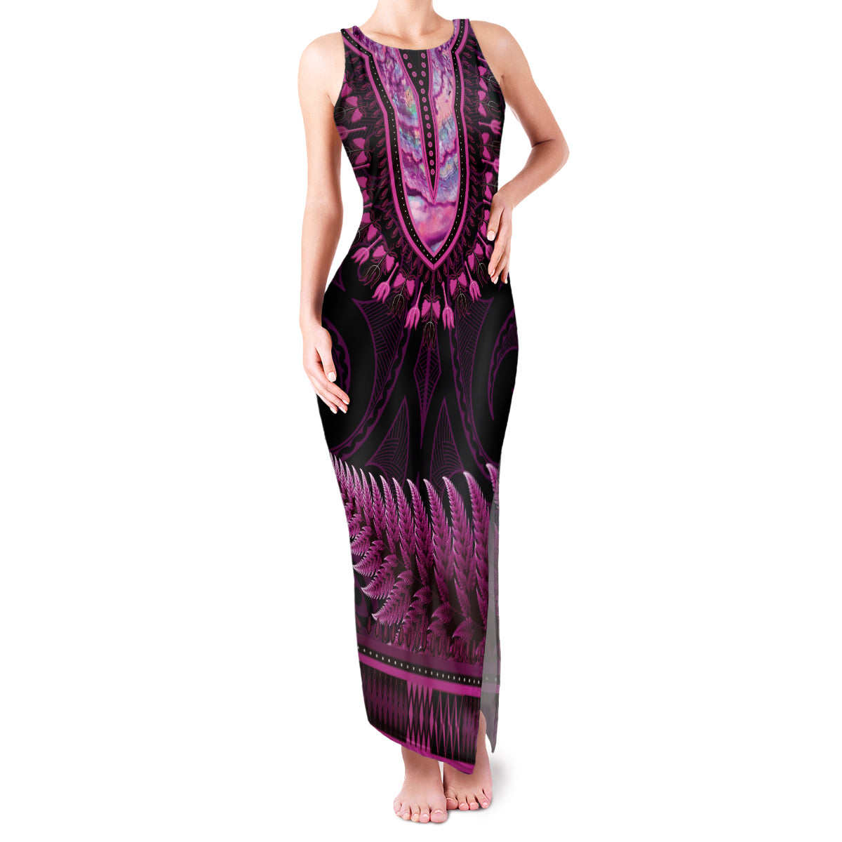 Pink African Dashiki With Aotearoa Maori Family Matching Tank Maxi Dress and Hawaiian Shirt Paua Shell Mix Silver Fern LT14 Mom's Dress Pink - Polynesian Pride
