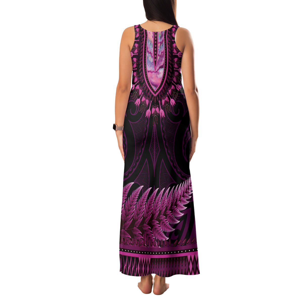 Pink African Dashiki With Aotearoa Maori Family Matching Tank Maxi Dress and Hawaiian Shirt Paua Shell Mix Silver Fern LT14 - Polynesian Pride