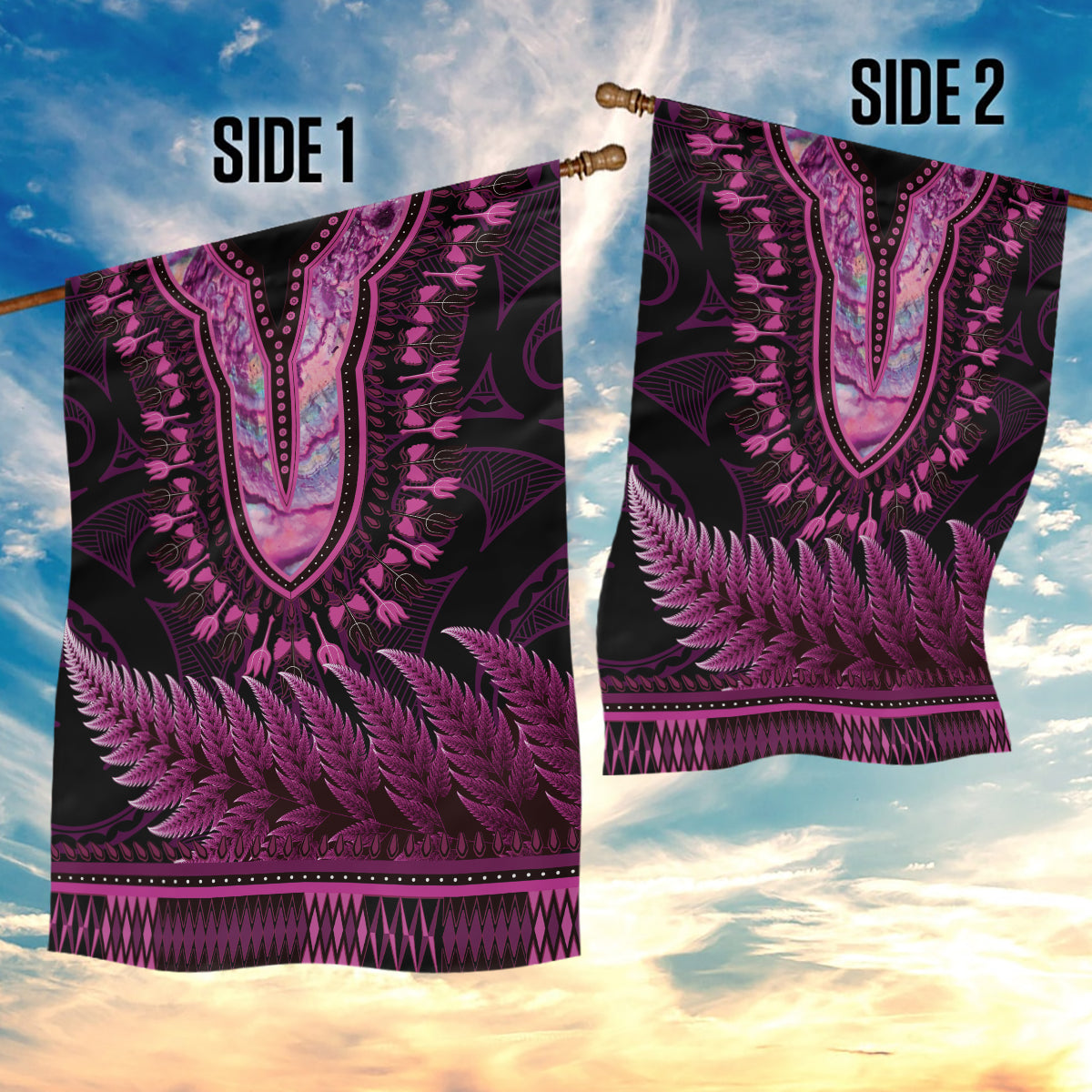 Pink African Dashiki With Aotearoa Maori Garden Flag Paua Shell Mix Silver Fern